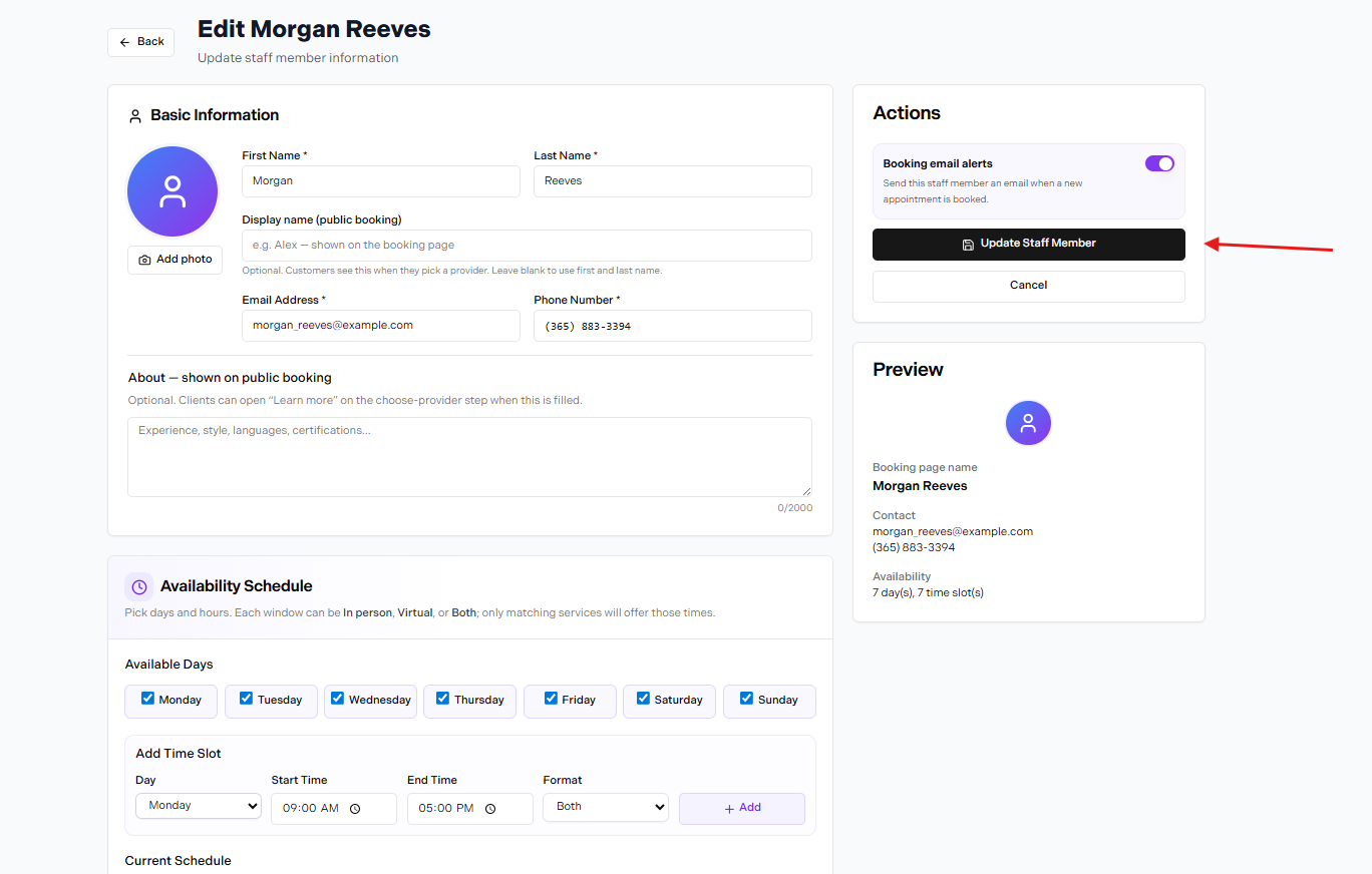 Removing a staff member - first click update staff member